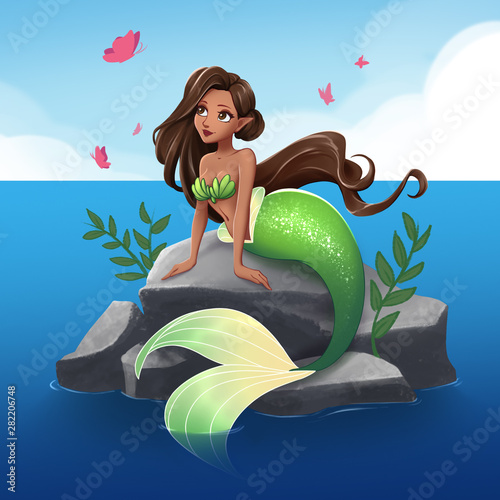 Cute mermaid with brown hair and green tail sitting on stone. Hand drawn cartoon illustration. Isolated on white.
