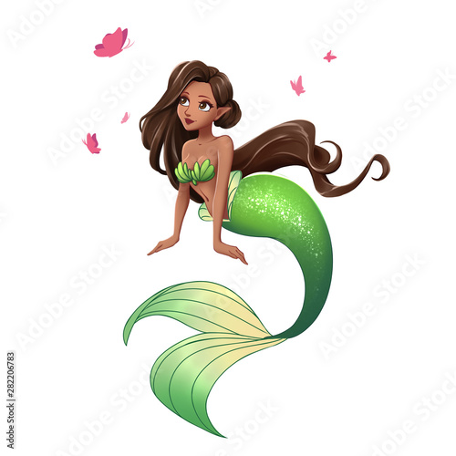 Cute mermaid with brown hair and green tail sitting. Hand drawn cartoon illustration. Isolated on white.