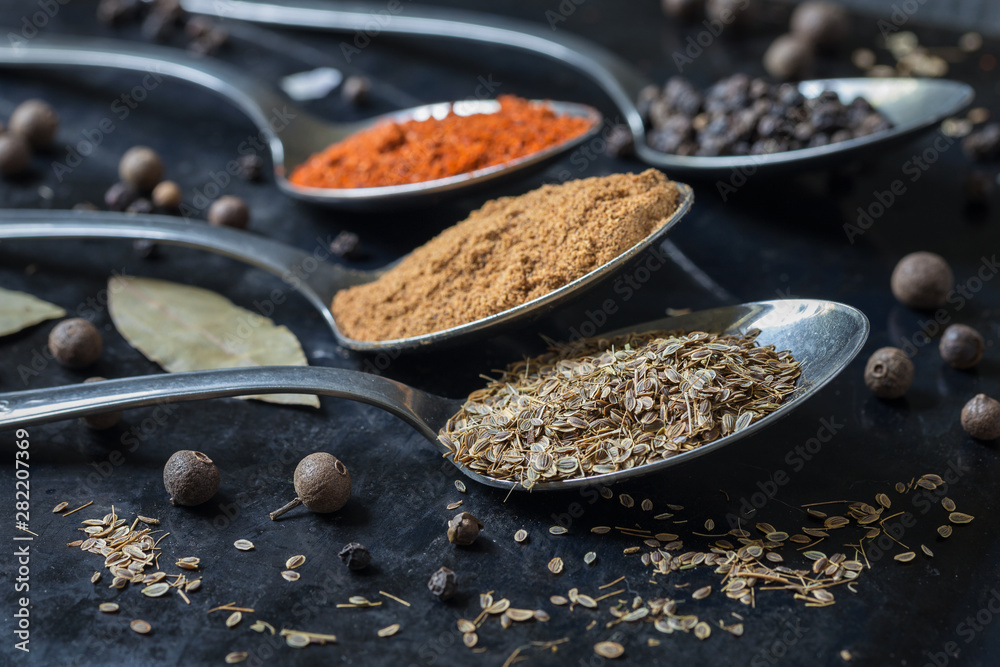 Spices in spoons on a dark background