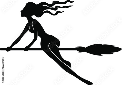 Vector illustrations of silhouette beautiful witch on broom fly