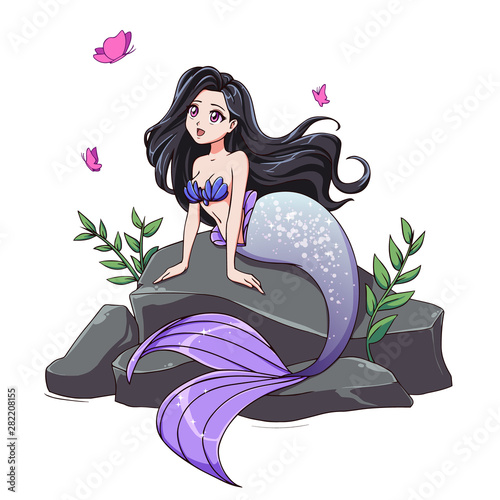 Cute mermaid with black hair and grey tail sitting on stone.