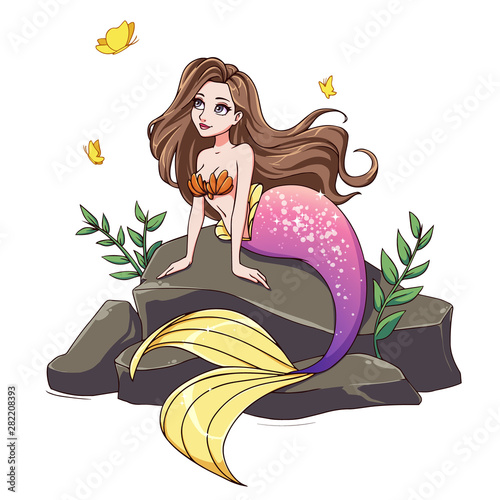 Cute mermaid with brown hair and pink tail sitting on stone.
