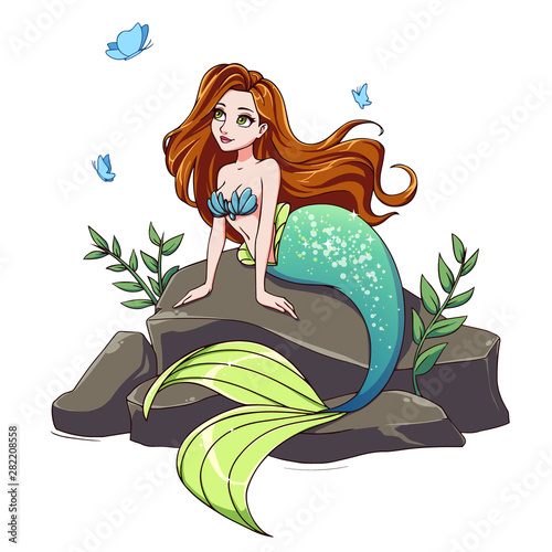 Obraz Syrenka  cute-mermaid-with-red-hair-and-green-tail-sitting-on-stone