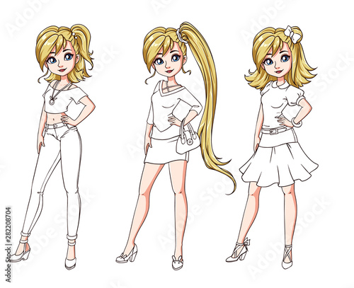 Set of three blondie girls with different haircuts and clothes. Colored body with white costume. Hand drawn cartoon illustration. Can be used for coloring books, paper dolls, mobile games, study etc.