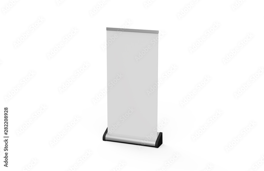 White blank empty business roll up and standee banner display mock up template for your design presentation, 3d illustration White blank empty business roll up and standee banner display mock up template for your design presentation, 3d illustration