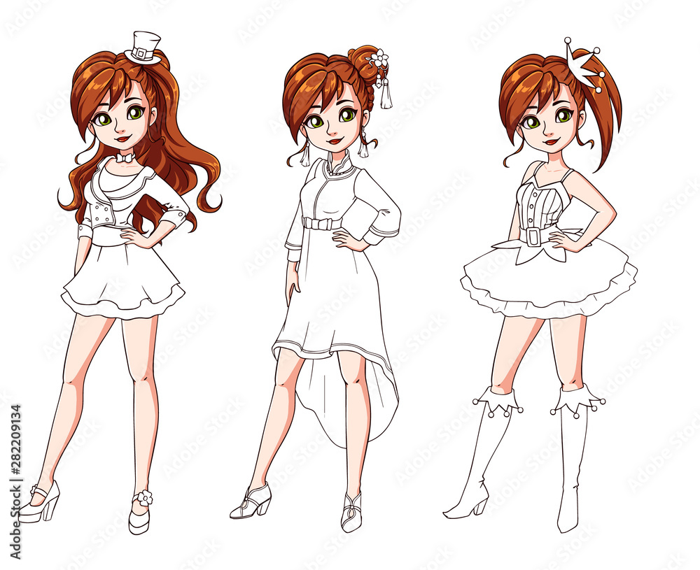 Set of three cute girls with celebration haircuts and clothes. Colored body with white costume. Hand drawn cartoon illustration. Can be used for coloring books, paper dolls, mobile games, study etc. Set of three cute girls with celebration haircuts and clothes. Colored body with white costume. Hand drawn cartoon illustration. Can be used for coloring books, paper dolls, mobile games, study etc.