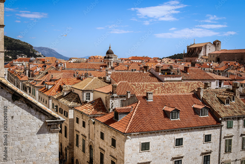 Orange rooftops of the walled city of Dubrovnik, Croatia. Panoramic view of the old town.