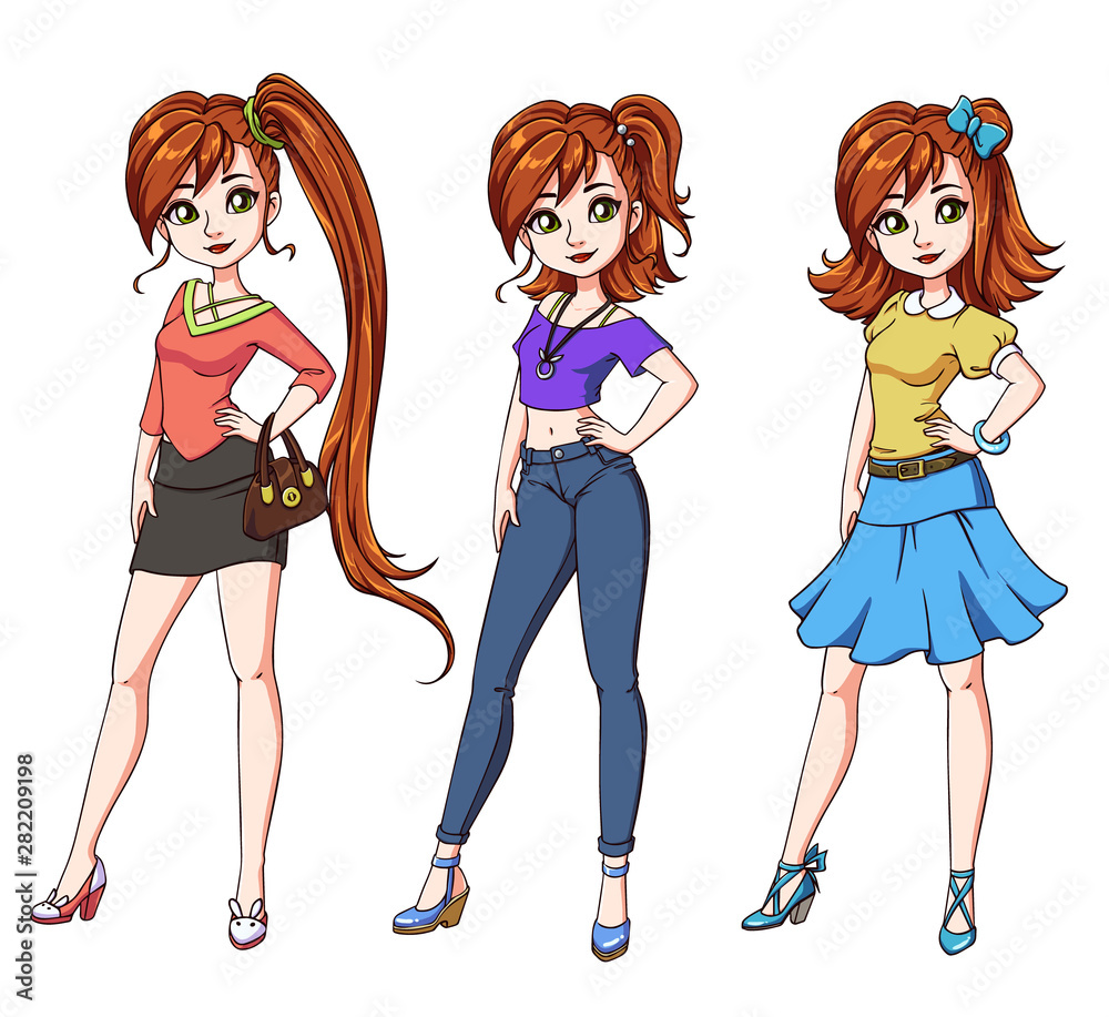 Set of three cute red haired girls with different haircuts and clothes. Set of three cute red haired girls with different haircuts and clothes.
