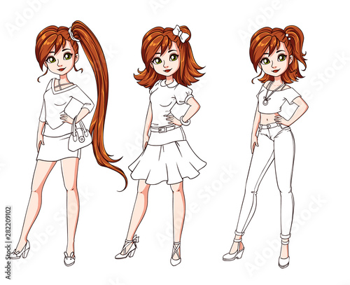 Set of three cute girls with different haircuts and clothes. Colored body with white costume. Hand drawn cartoon illustration. Can be used for coloring books, paper dolls, mobile games, study etc.