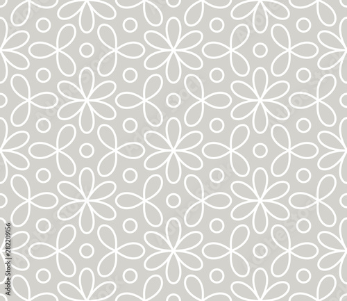 Abstract simple geometric vector seamless pattern with white line floral texture on grey background. Light gray modern wallpaper  bright tile backdrop  monochrome graphic element