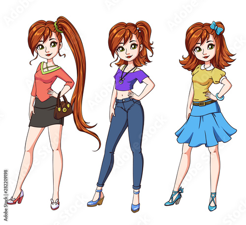 Set of three cute red haired girls with different haircuts and clothes.