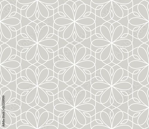 Abstract simple geometric vector seamless pattern with white line floral texture on grey background. Light gray modern wallpaper, bright tile backdrop, monochrome graphic element