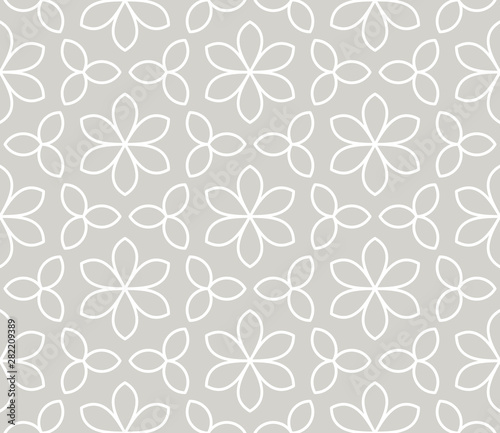 Abstract simple geometric vector seamless pattern with white line floral texture on grey background. Light gray modern wallpaper, bright tile backdrop, monochrome graphic element