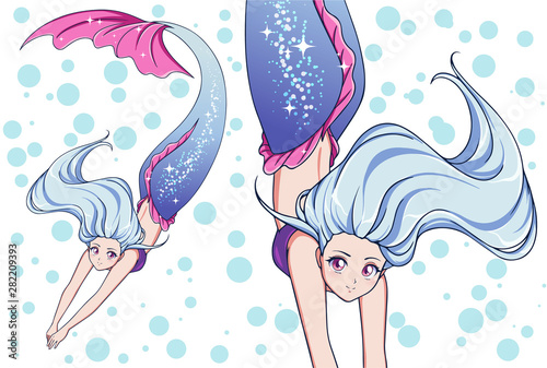 Pretty anime swimming mermaid. White hair and shiny blue fish tail.