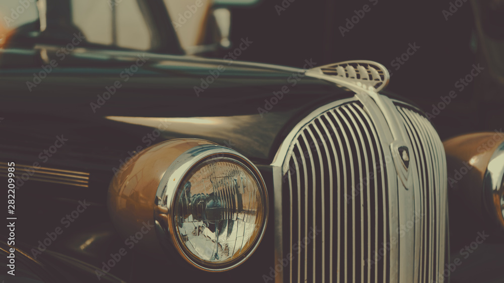Retro car show background. Classic car's details close-up - obrazy, fototapety, plakaty 