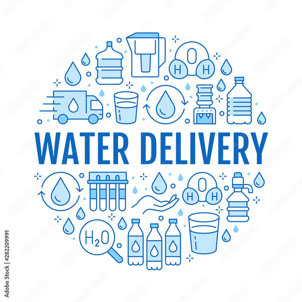 Pure water vector circle banner with flat line icons. Aqua filter, potable liquid, glass, office cooler vector illustrations. Thin signs for bottle delivery. Blue color