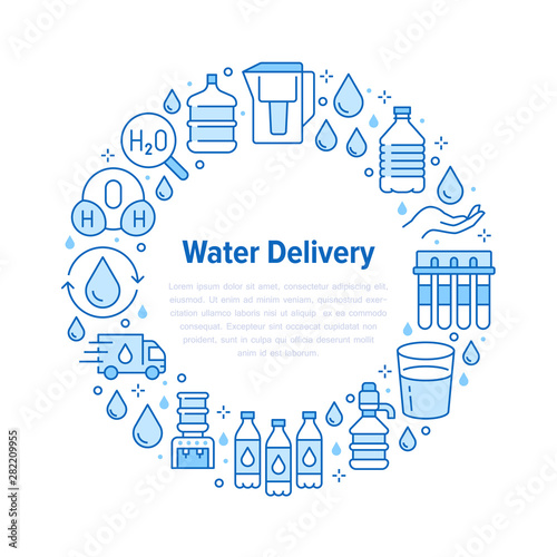 Pure water vector circle banner with flat line icons. Aqua filter, potable liquid, glass, office cooler vector illustrations. Thin signs for bottle delivery. Blue color