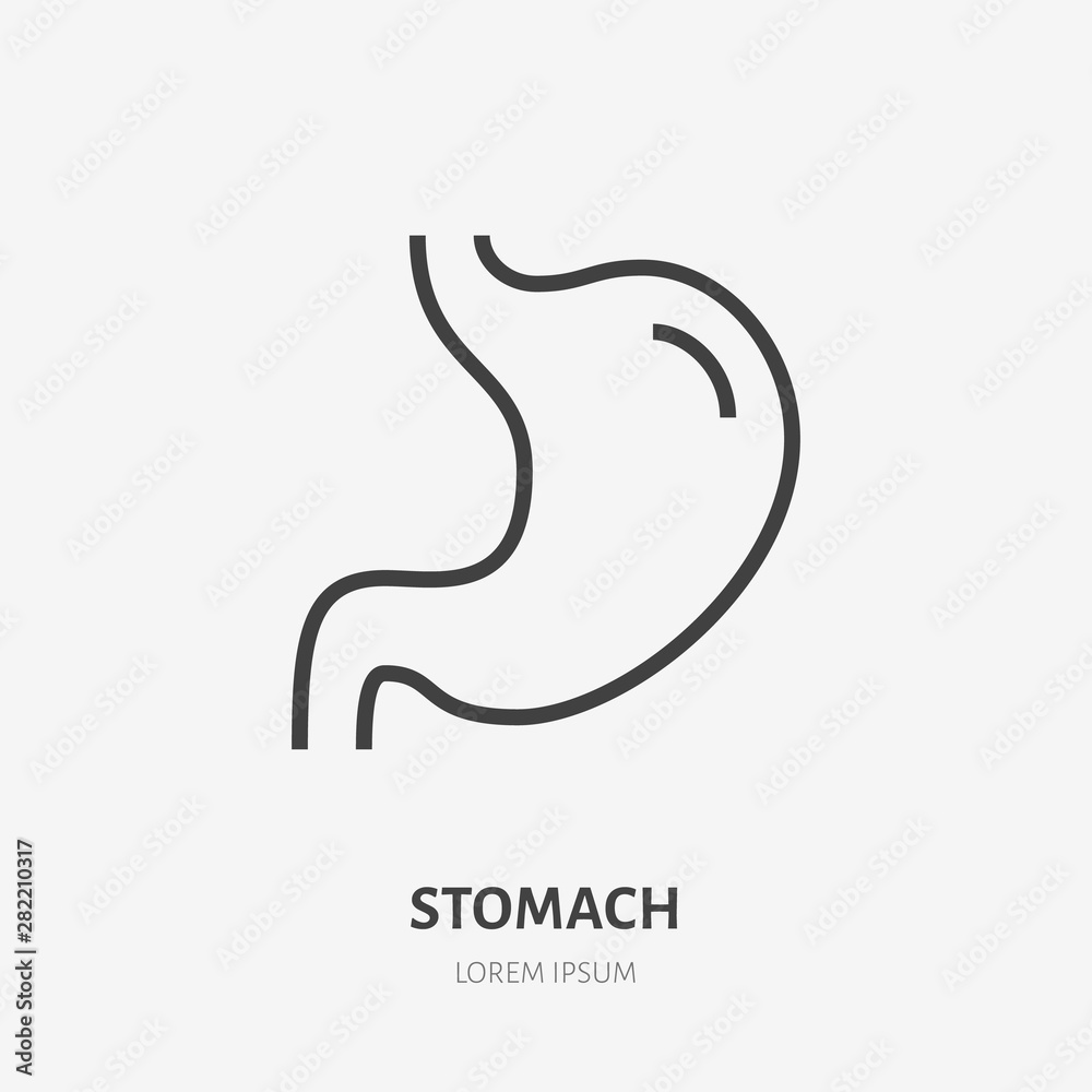 Stomach flat line icon. Vector thin pictogram of human internal organ, outline illustration for gastroenterologist clinic Stomach flat line icon. Vector thin pictogram of human internal organ, outline illustration for gastroenterologist clinic