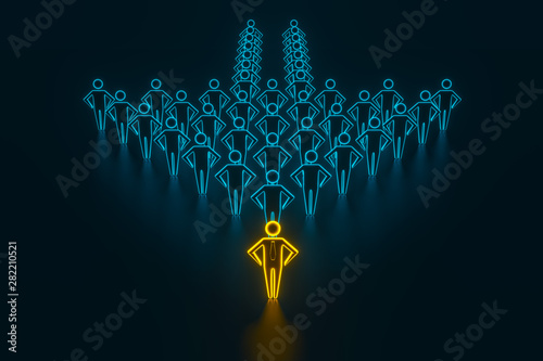 Concept leader of the business team indicates the direction of the movement towards the goal. Crowd of blue men goes for the leader of the gold color. 3D rendering photo