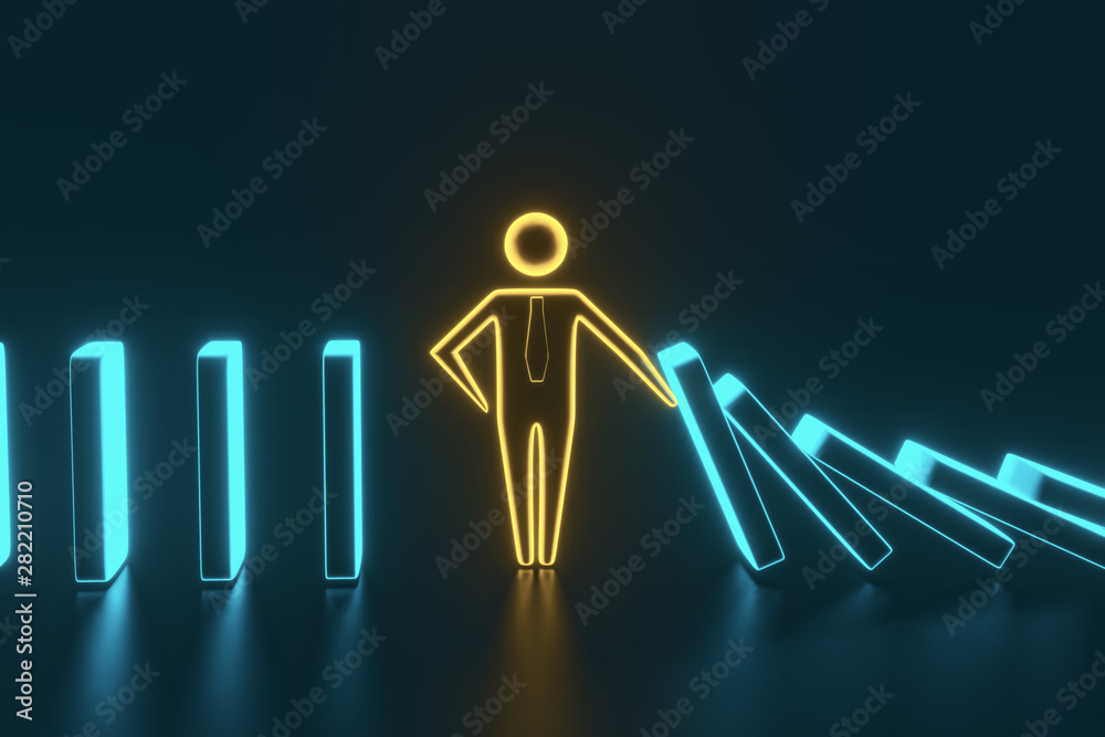 Man figure stopping the domino effect. Executive and risk control concept.  3D rendering Stock Illustration | Adobe Stock