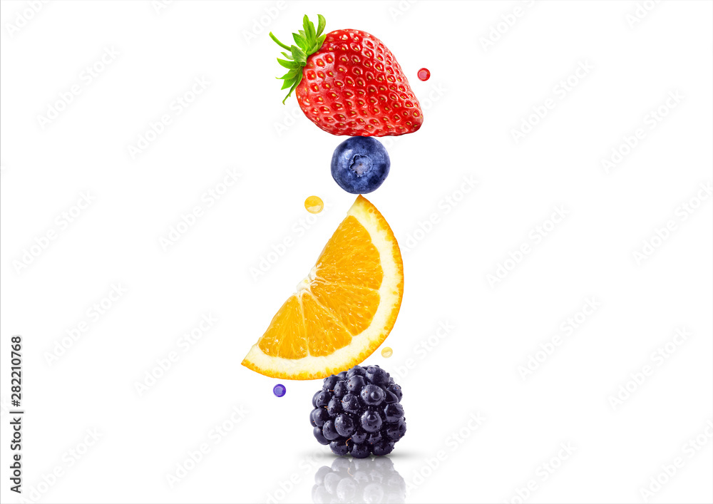 A stack of fresh ripe summer fruits and berries isolated on white background. Blackberry, orange, blueberry, strawberry fruit stack in a row. Healthy life, balanced diet composition design concept <span>plik: #282210768 | autor: Corona Borealis</span>