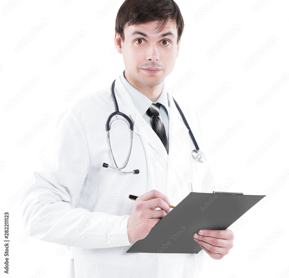 Portrait of a young doctor. Doctor in white coat Portrait of a young doctor. Doctor in white coat