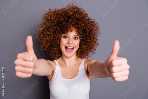 Close up photo of cheerful lady childish have adverts screaming shouting promotion isolated over grey background