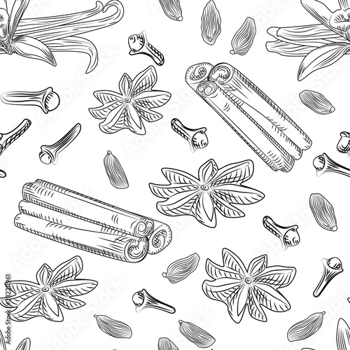 Hand drawn mulled wine spices seamless pattern.