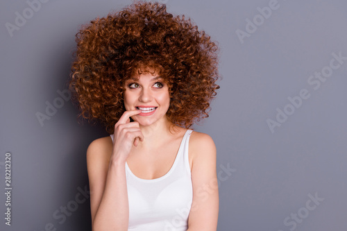Close up photo of attractive lady have thoughts decision decide choose wear tank-top isolated over grey background