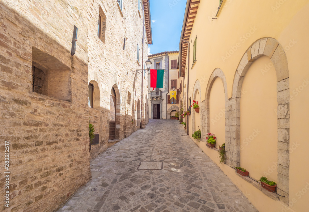 Nocera Umbra (Italy) - A little charming stone medieval city on the hill, with suggestive alley and square, in province of Perugia. Here a view of historical center.