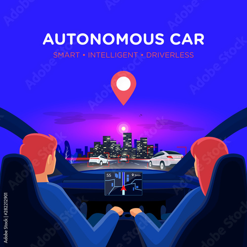 Couple in self-driving autonomous smart driverless electric car on highway to city. Man and woman inside car interior on road trip in traffic jam on autopilot. Dashboard display no hands on steering.