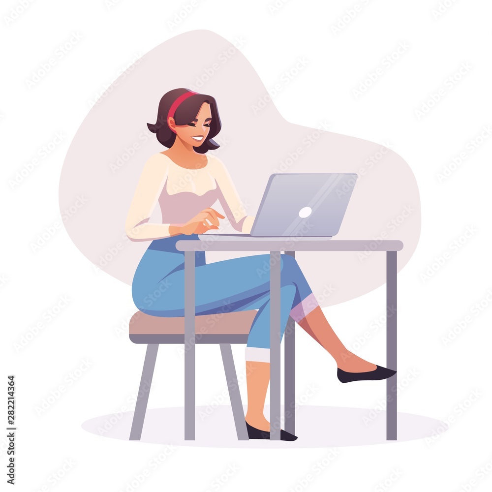 Flat style businesswoman at workplace in office room. Casual business concept illustration Flat style businesswoman at workplace in office room. Casual business concept illustration