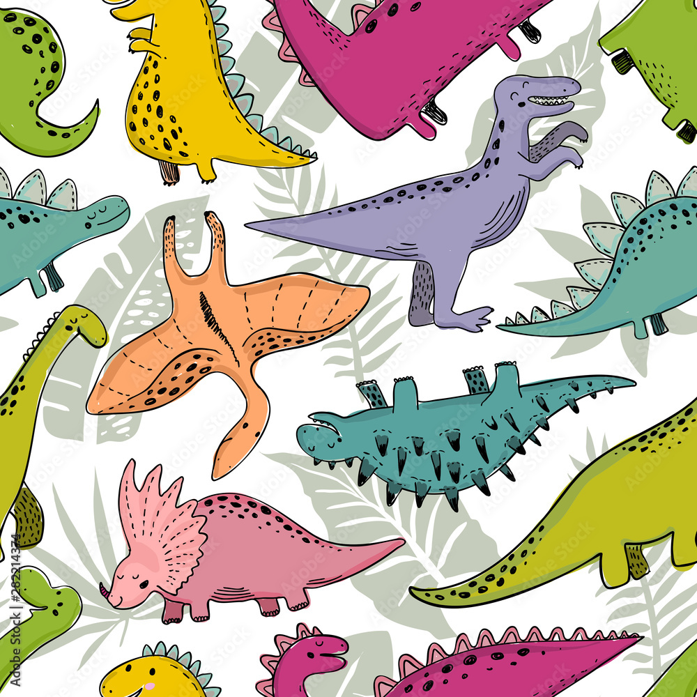 Fototapeta premium Vector seamless pattern with hand drawn dinosaurs and tropical leaves.