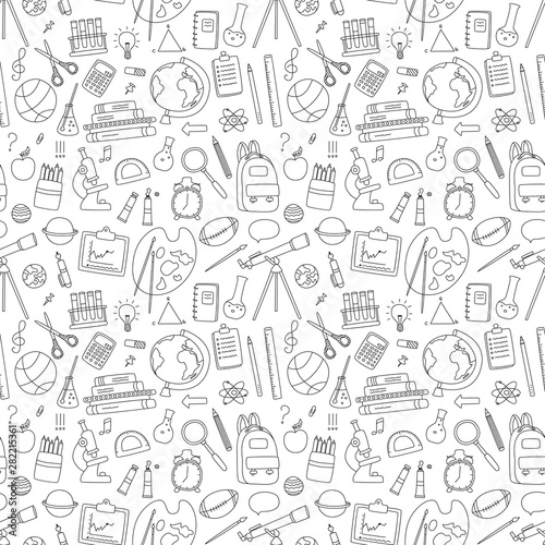 Seamless pattern with school supplies and creative elements. Back to school background. Vector illustration.