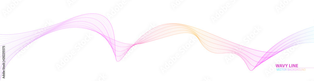 Dynamic flowing waves. Horizontal abstract wavy spun stripes. Twisted lines isolated on white background. Graphics concept of flow, music, technology, science. Line art, vector design elements - obrazy, fototapety, plakaty 