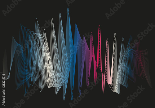 Ondas azules, moradas, blancas y rosas sobre fondo negro.
