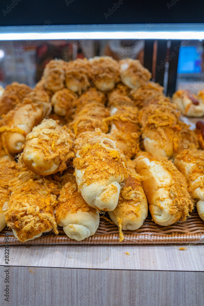 Tray of meat floss bread selling at pastry shop Tray of meat floss bread selling at pastry shop