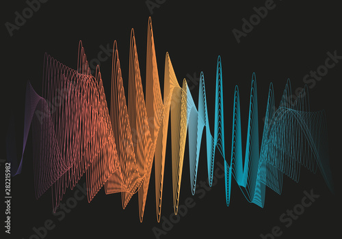 Ondas naranjas y azules sobre fondo negro.