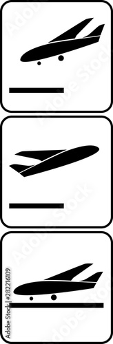 airplane raster sign plane flat icon set for airport passenger travel information isolated on white background side abstract view of symbol of aircraft landing take off and on ground at airport runway