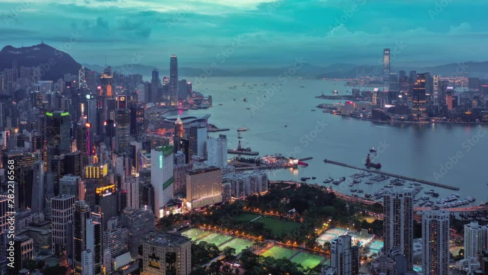 Aerial hyperlapse video of Victoria Harbour in Hong Kong at sunset