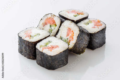 Japanes seafood sushi rolls isolated on white background.