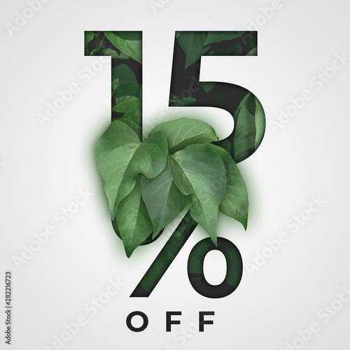 Special offer, spring, summer sale, 15% off. Creative typography with  leaves. Discount offer price, symbol for advertising campaign, promotion marketing. Nature concept design.
