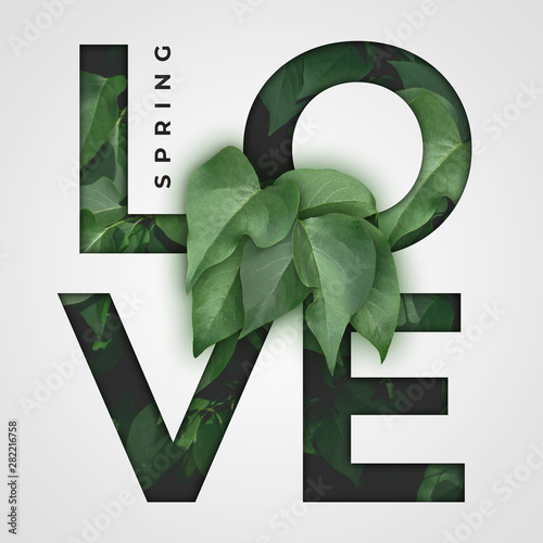 Love spring - lettering. Creative typography with spring leaves. Chapter in presentattion. Calendar design. 4 seasons. Nature concept design.