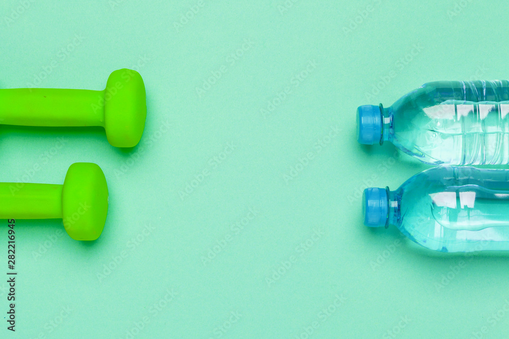 concept preparing to fitness sports equipment top view