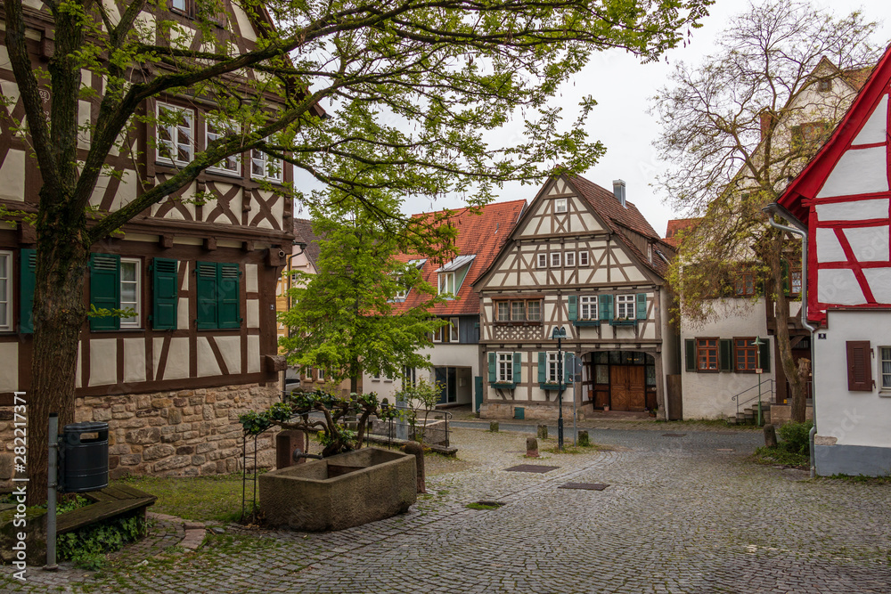 Sindelfingen, Baden Wurttemberg/Germany - May 11, 2019: Street Scenario of Central District Road, Hintere Gasse with traditional house facades.