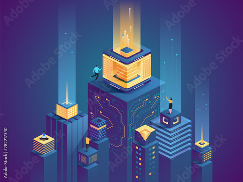 Smart city buildings flat isometric illustration