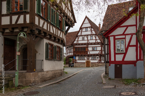 Sindelfingen, Baden Wurttemberg/Germany - May 11, 2019: Street Scenario of Central District Road, Hintere Gasse with traditional house facades.