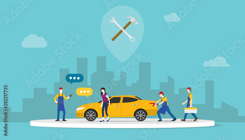 team car service with mechanic people and customer with city background and modern flat style - vector