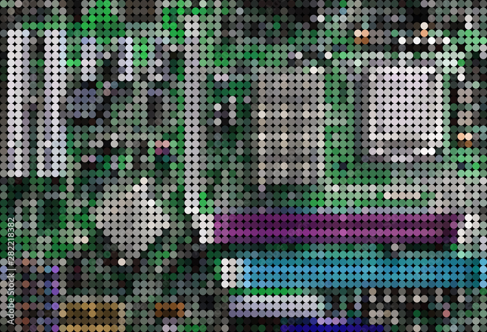 Abstract pixelated Computer motherboard. Vector colorful illustration. Halftone style.