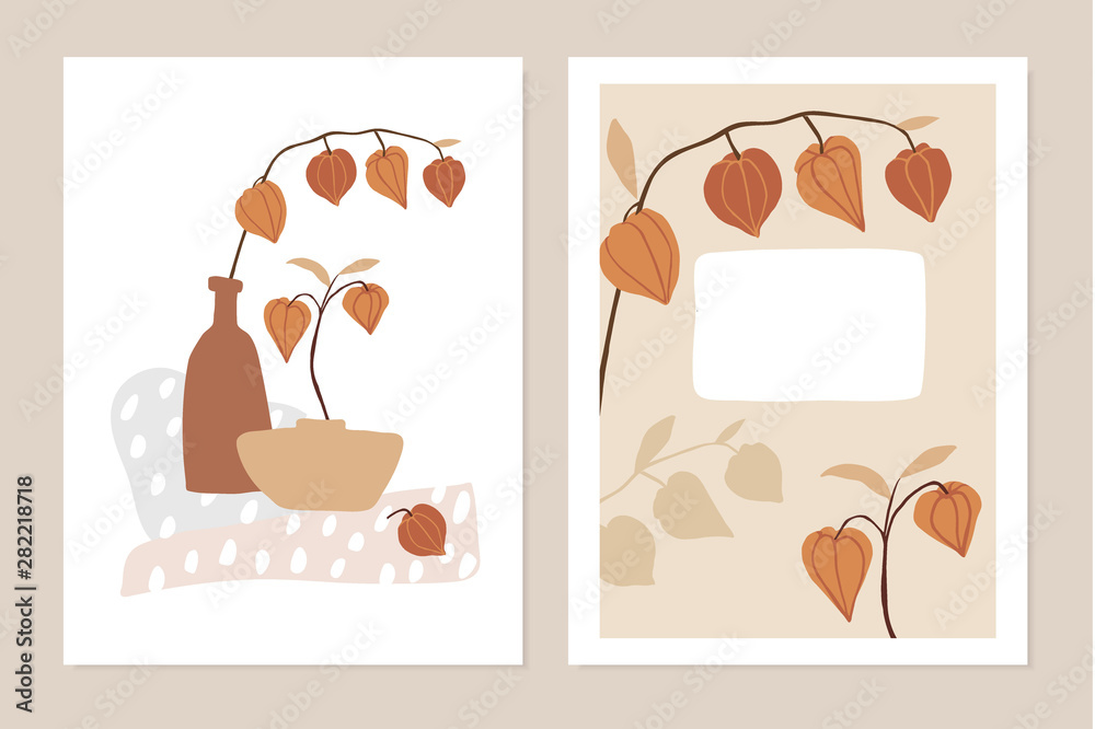 Trendy set of floral fall greeting cards, invitations. Physalis fruit, leaves, branches and vase. Abstract geometric shapes. Modern minimalist drawings, wall art, posters. Flat vector illustrations.